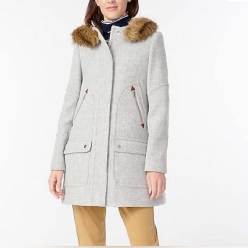 JCREW Gray Stadium Coat with Faux Fur Trim